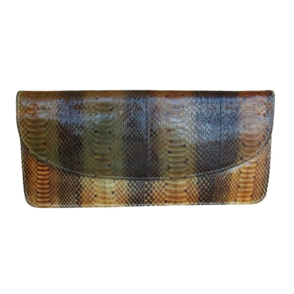 SOLD - Vintage Genuine Snakeskin Envelope Clutch – Brown/Olive – Classic 70s/80s